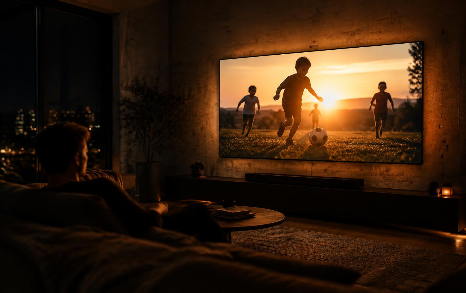 A large wall screen playing a slideshow of kids playing soccer